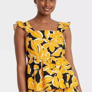 Who What Wear Peplum Linen Ruffle Sleeveless Gathered Back Top Size Small